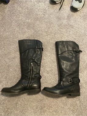 Frye Harness Tall Knee High Black Leather Riding Boots Extended Calf Zip Buckle